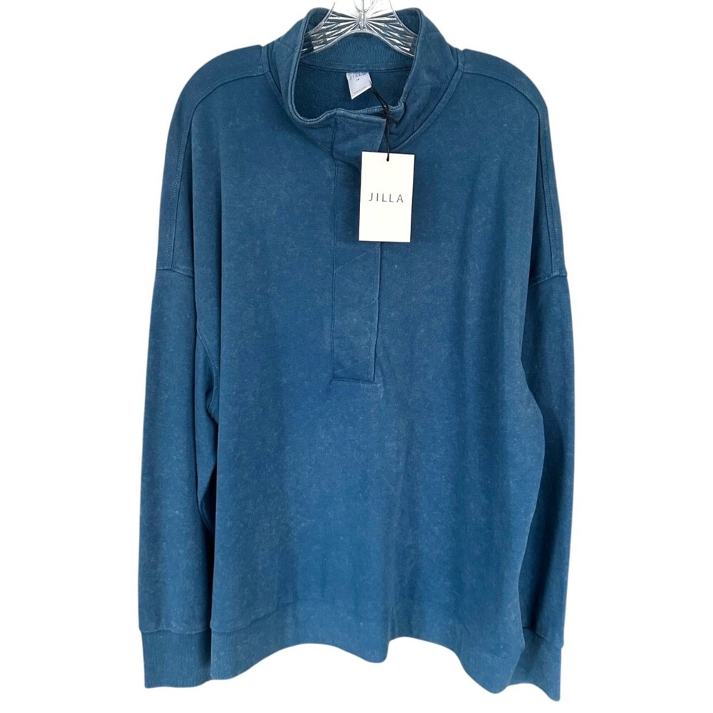 JILLA Women's Half Snap Comfy Pullover Top Long Sleeve Plus Size 3X Ink Blue